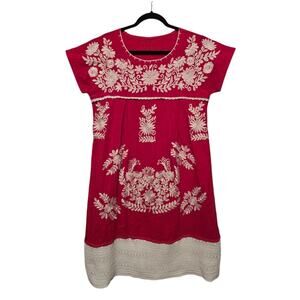 Floral Embroidered Linen Blend Crochet Dress Womens MED Red Peasant Cottage Boho